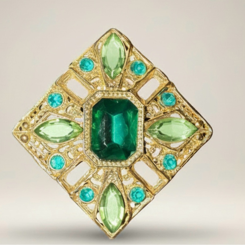 Vintage Emerald Green Statement Brooch | Art Deco Style Gold Filigree
